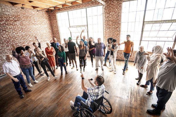 Cheerful diverse people in a workshop